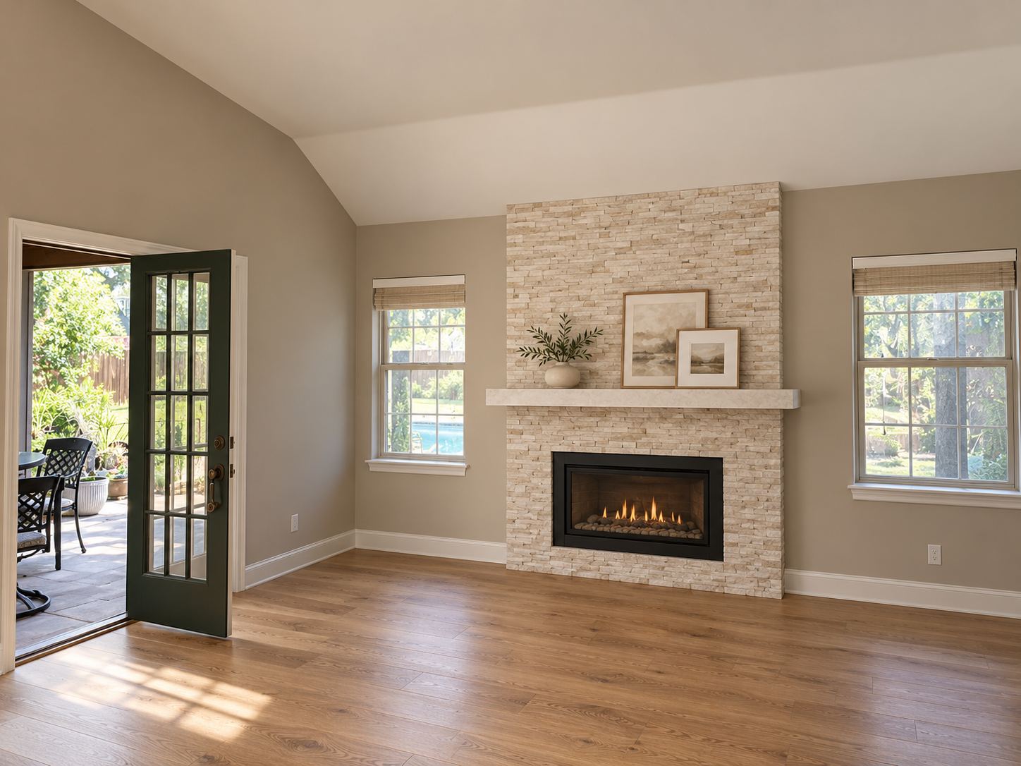 Stone fireplace without a projecting hearth